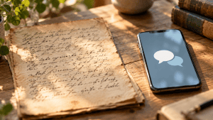 Illustration: Altes Schriftstück und Smartphone mit Sprechblasen