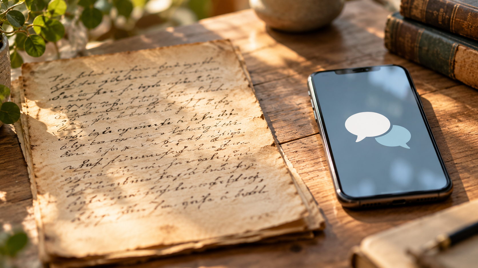 Illustration: Altes Schriftstück und Smartphone mit Sprechblasen